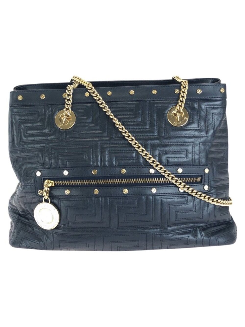 Versace Vintage Greca Medusa Navy Gold Leather Chain Shoulder Bag
